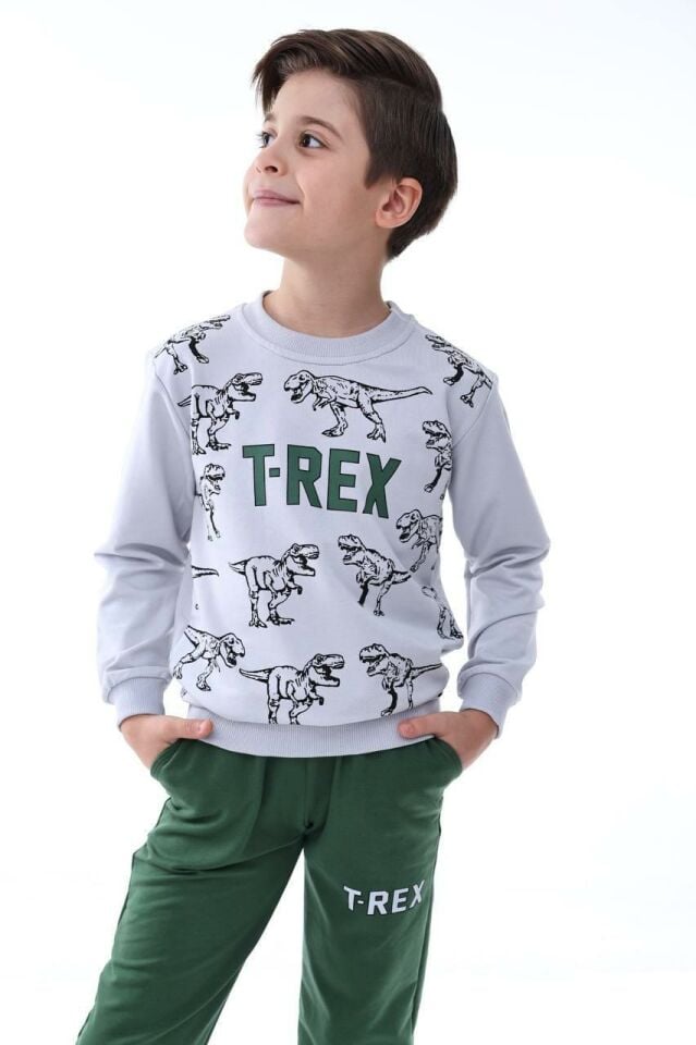 Erkek Çocuk 2 İPLİK MEVSİMLİK Uzun Kollu Dinazor Baskılı Alt Üst Takım 1312Y