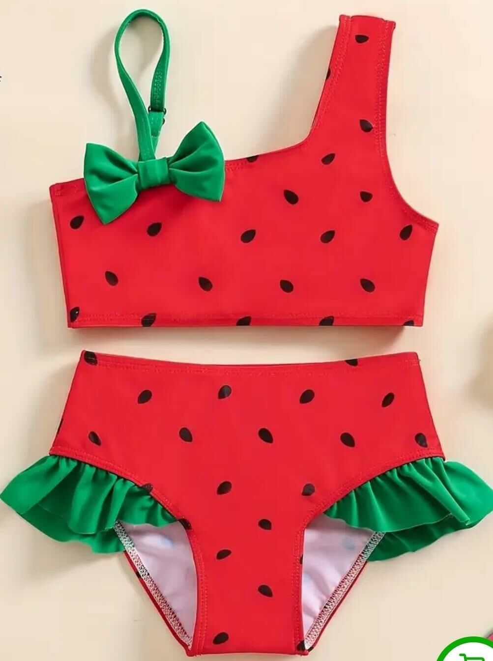 Karpuz Desenli Kız Çocuk Bikini Takımı - Fırfırlı & Tek Omuz Tasarım 3006
