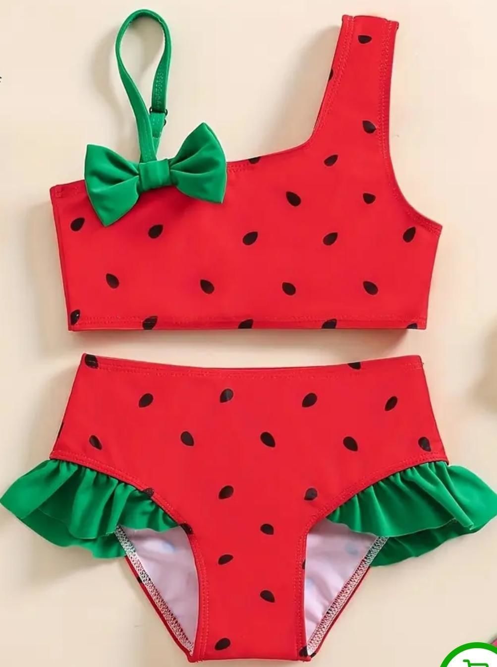 Karpuz Desenli Kız Çocuk Bikini Takımı - Fırfırlı & Tek Omuz Tasarım 3006