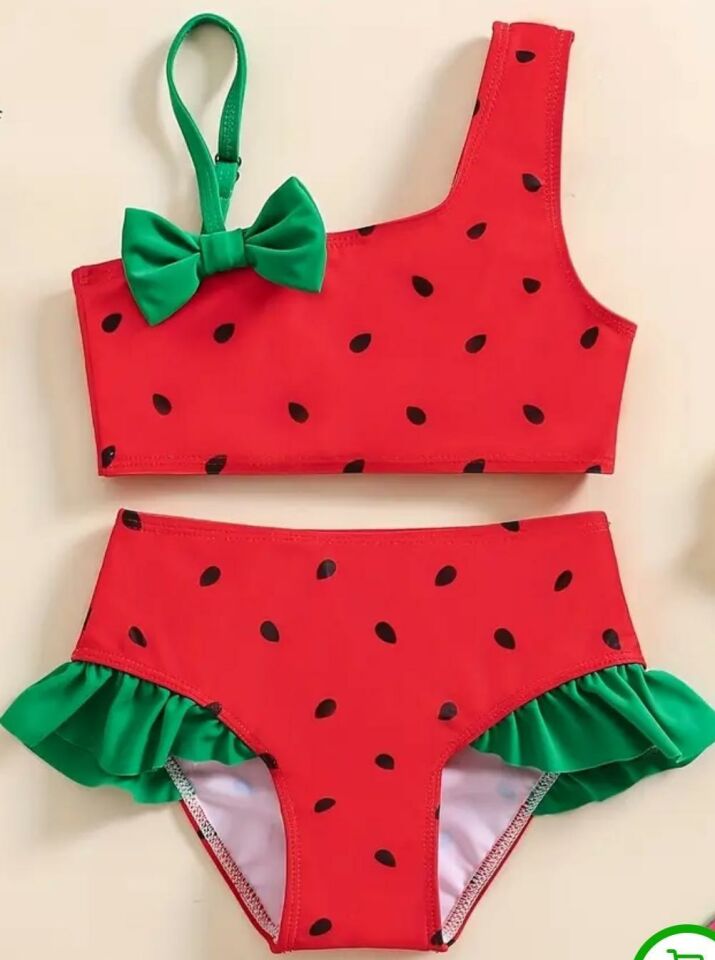 Karpuz Desenli Kız Çocuk Bikini Takımı - Fırfırlı & Tek Omuz Tasarım 3006