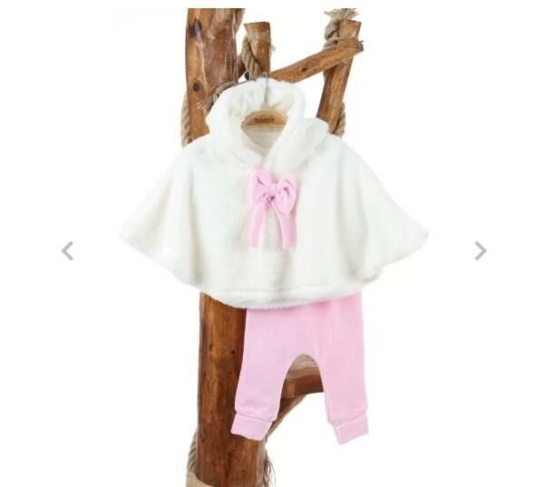 Papyonlu Peluş Pelerin 3lü Kız Çocuk Takım Pembe 8420