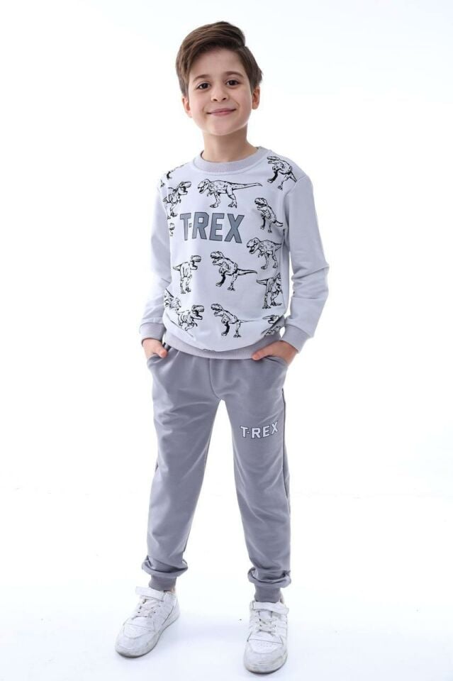 Erkek Çocuk 2 İPLİK MEVSİMLİK Uzun Kollu Dinazor Baskılı Alt Üst Takım 1312YG