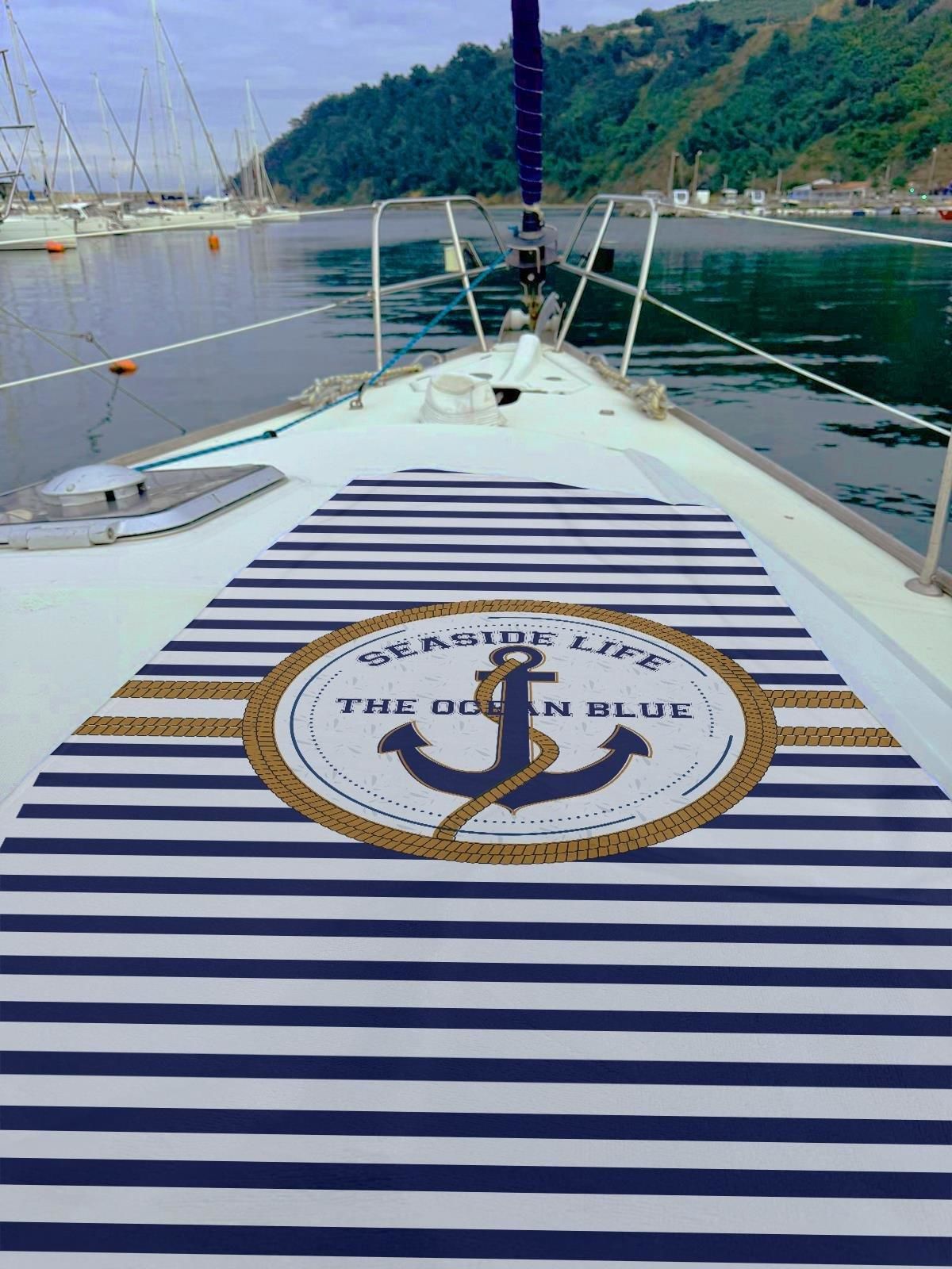 Miami Beach Marin Çapa Desenli Lacivert Beyaz Unisex Plaj Havlusu 70x150 0107