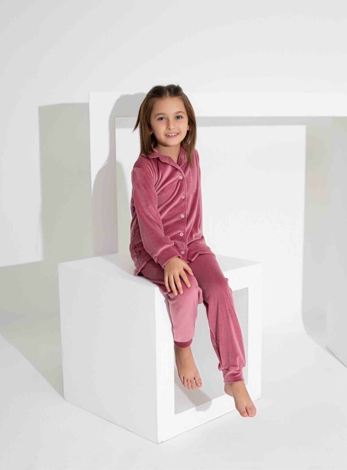 Kız Çocuk Ön Düğmeli Uzun Kollu Fransız Kadife Kumaş  Pijama Takımı 2814PB