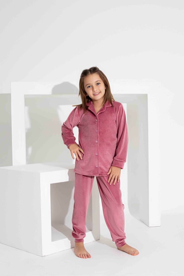 Kız Çocuk Ön Düğmeli Uzun Kollu Fransız Kadife Kumaş  Pijama Takımı 2814PB