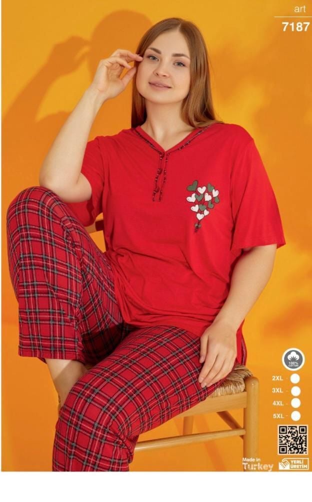 Kadın Battal Büyük Beden  Düğmeli Kısa Kol Pijama Takımı 7178