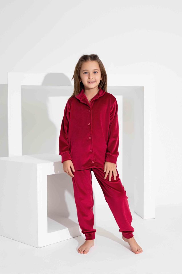 Kız Çocuk Ön Düğmeli Uzun Kollu Fransız Kadife Kumaş  Pijama Takımı 2814BK