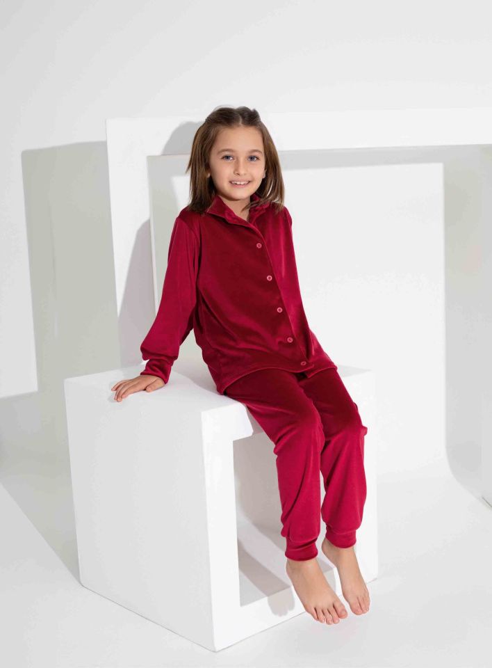 Kız Çocuk Ön Düğmeli Uzun Kollu Fransız Kadife Kumaş  Pijama Takımı 2814BK