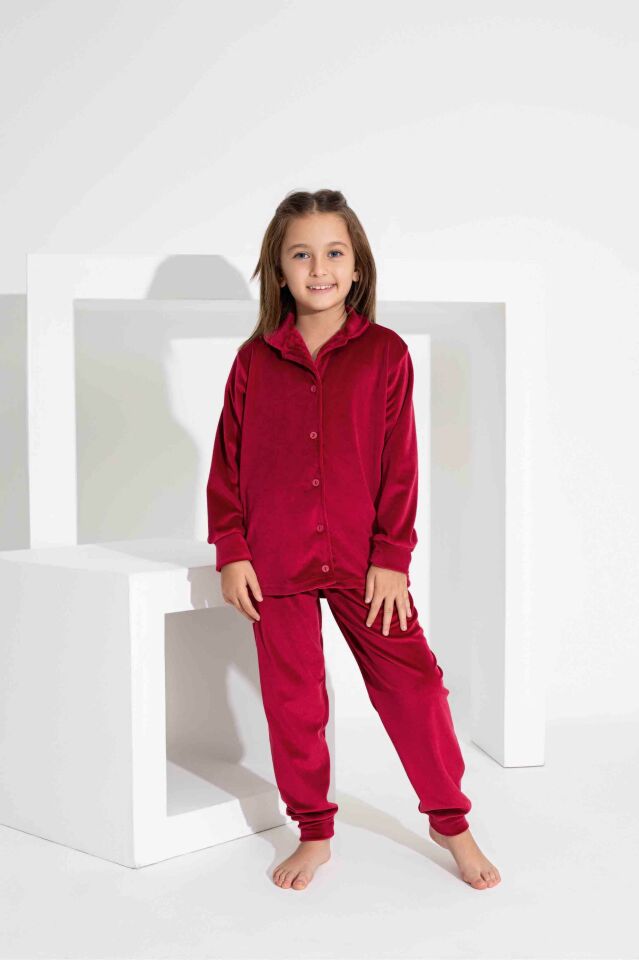 Kız Çocuk Ön Düğmeli Uzun Kollu Fransız Kadife Kumaş  Pijama Takımı 2814BK BORDO - 8-9 YAŞ