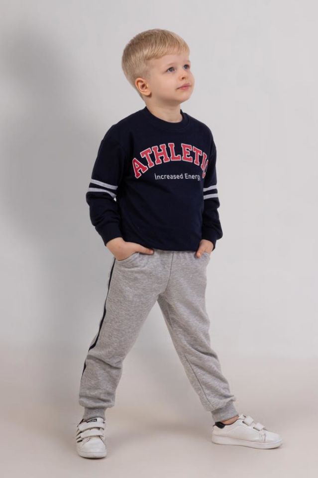 Erkek Çocuk 3 İplik Sweatshirt & Gri  Eşofman Altı 2’li Takım – Spor Günlük Kombin 4073 Lacivert