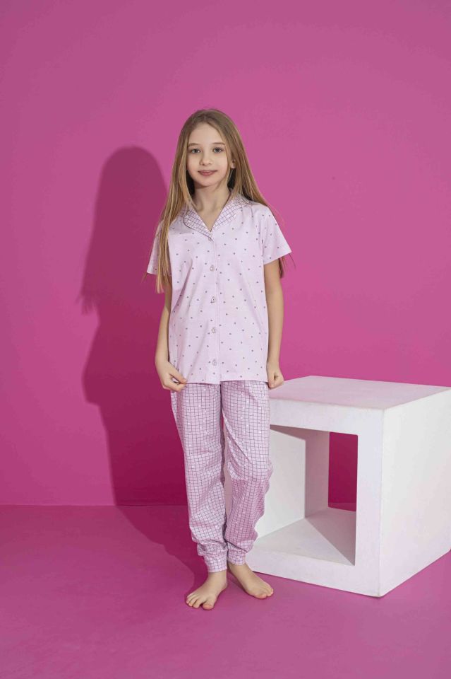 Kız Çocuk Yazlık Likralı (ANNE KIZ KOMBİNİ YAPABİLİRSİNİZ)  Penye Düğmeli Pijama Takımı 3031