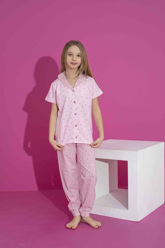 Kız Çocuk Yazlık Likralı (ANNE KIZ KOMBİNİ YAPABİLİRSİNİZ)  Penye Düğmeli Pijama Takımı 3031