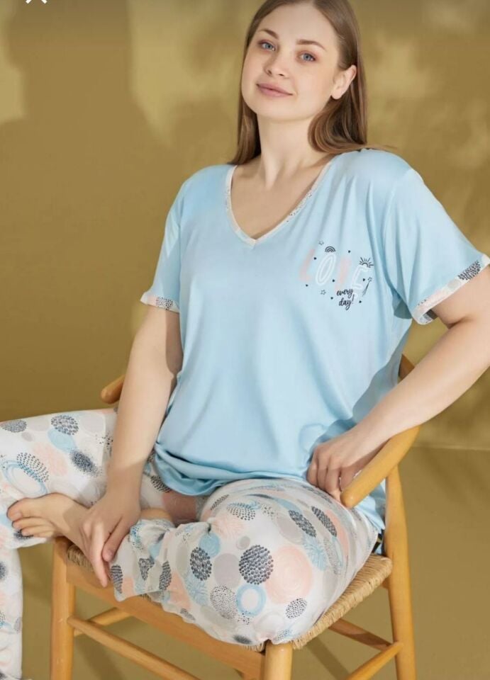 Kadın Battal Büyük Beden Alt Uzun Pijama Takımı 9581