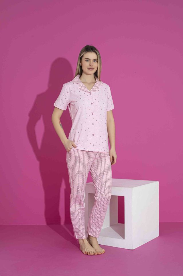 Kadın Likralı Penye(ANNE KIZ KOMBİNİ YAPABİLİRSİNİZ) Düğmeli Yazlık Pijama Takımı 3032