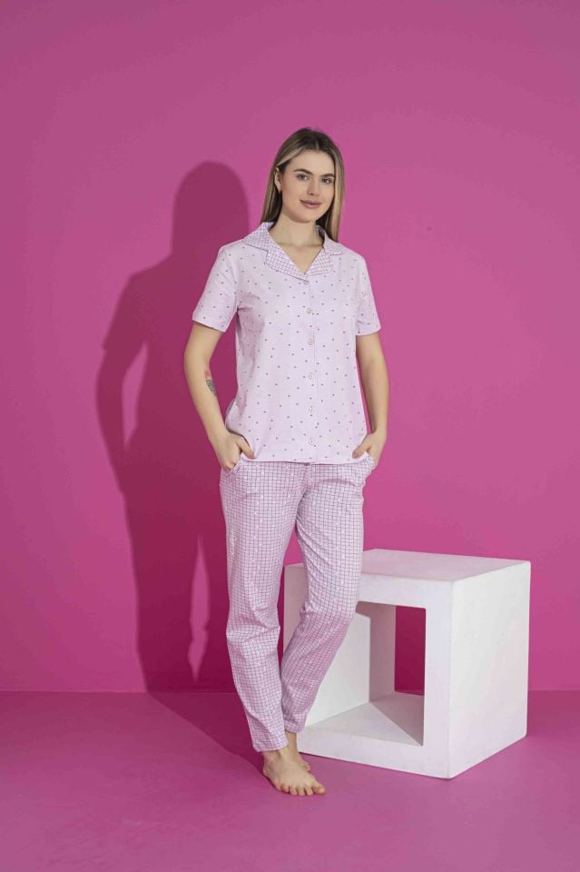 Kadın Likralı Penye(ANNE KIZ KOMBİNİ YAPABİLİRSİNİZ) Düğmeli Yazlık Pijama Takımı 3032