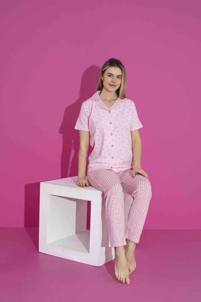 Kadın Likralı Penye(ANNE KIZ KOMBİNİ YAPABİLİRSİNİZ) Düğmeli Yazlık Pijama Takımı 3032