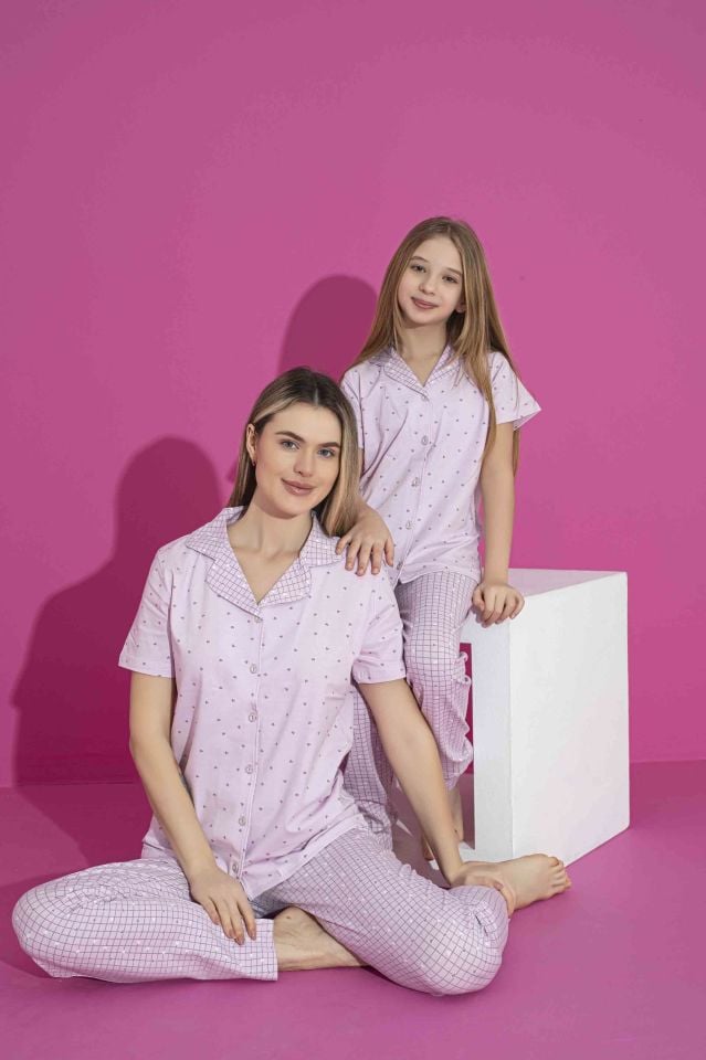 Kadın Likralı Penye(ANNE KIZ KOMBİNİ YAPABİLİRSİNİZ) Düğmeli Yazlık Pijama Takımı 3032