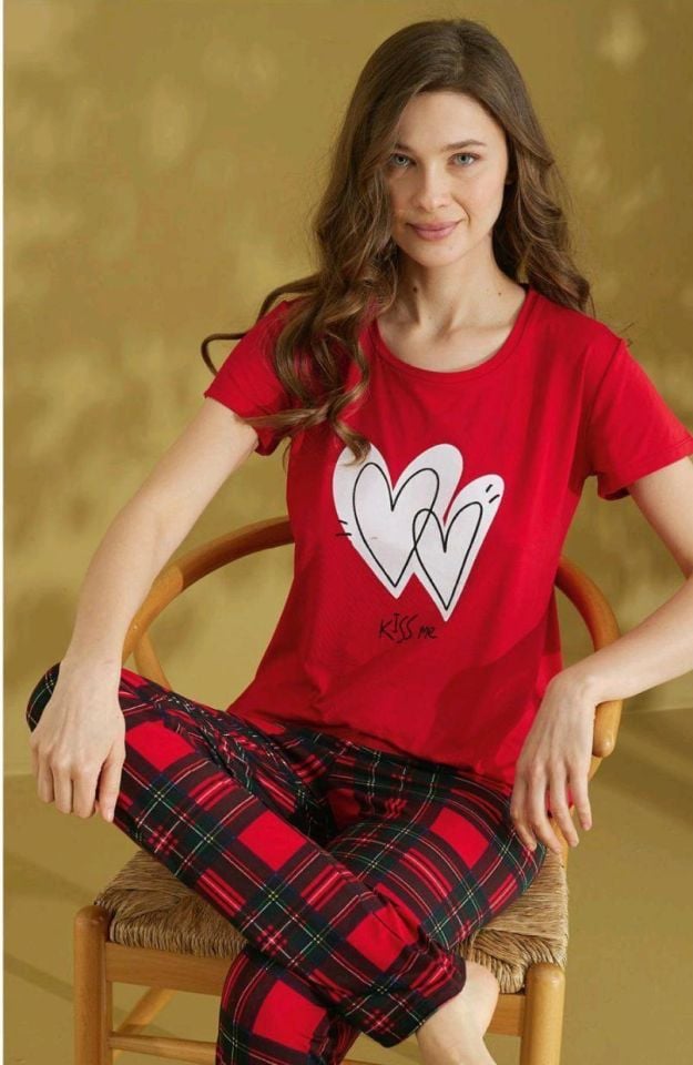 Kadın Kısa Kol Pijama  Beden Alt Üst Uzun Takım 1617