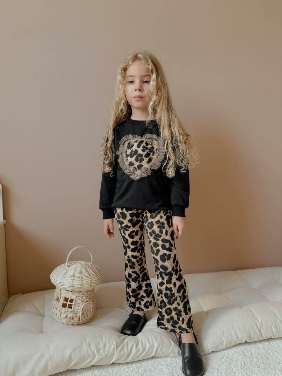 Leopar Taytlı İspanyol Paça Kız Çocuk Alt Üst Takım SİYAH 2556