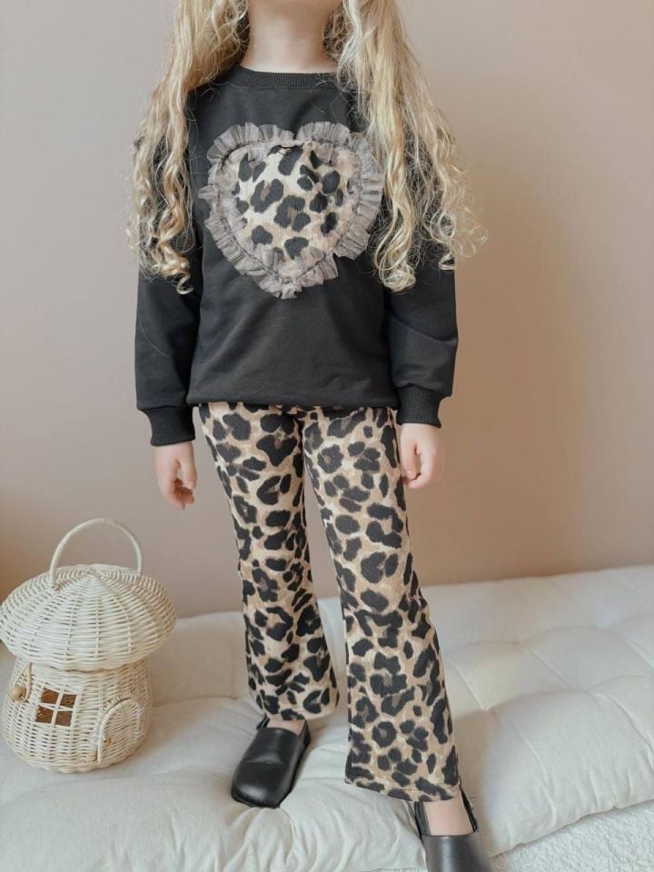 Leopar Taytlı İspanyol Paça Kız Çocuk Alt Üst Takım SİYAH 2556