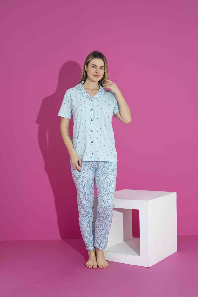 Kadın Likralı Penye(ANNE KIZ KOMBİNİ YAPABİLİRSİNİZ) Düğmeli Yazlık Pijama Takımı 3028