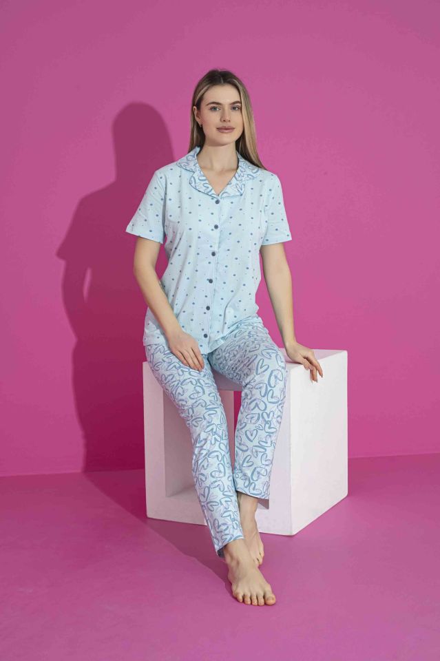 Kadın Likralı Penye(ANNE KIZ KOMBİNİ YAPABİLİRSİNİZ) Düğmeli Yazlık Pijama Takımı 3028