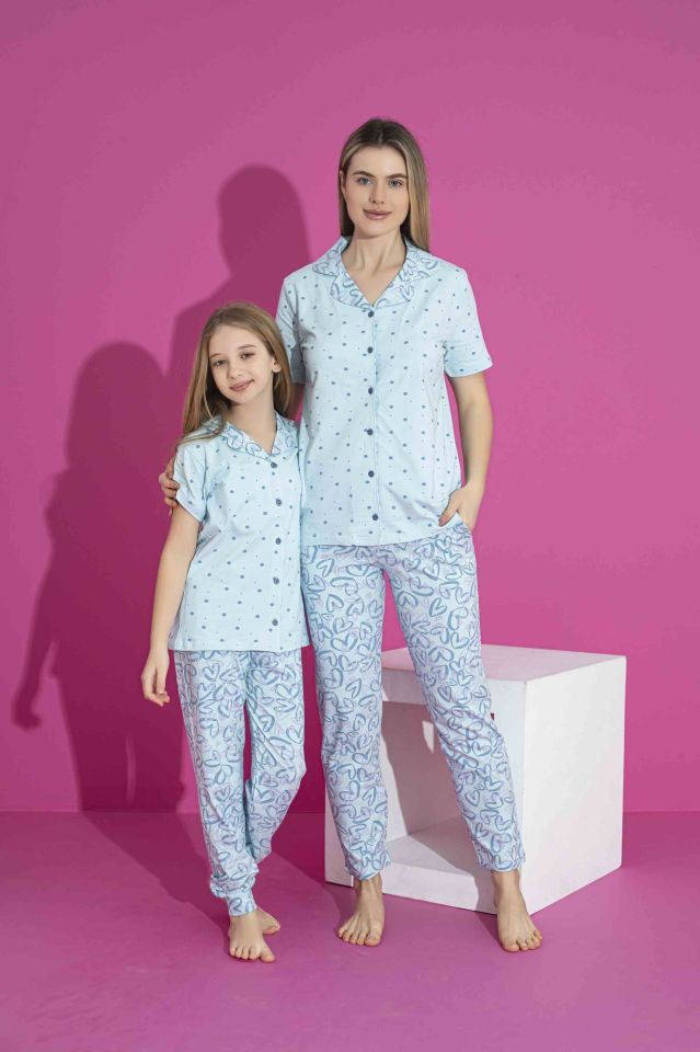 Kadın Likralı Penye(ANNE KIZ KOMBİNİ YAPABİLİRSİNİZ) Düğmeli Yazlık Pijama Takımı 3028