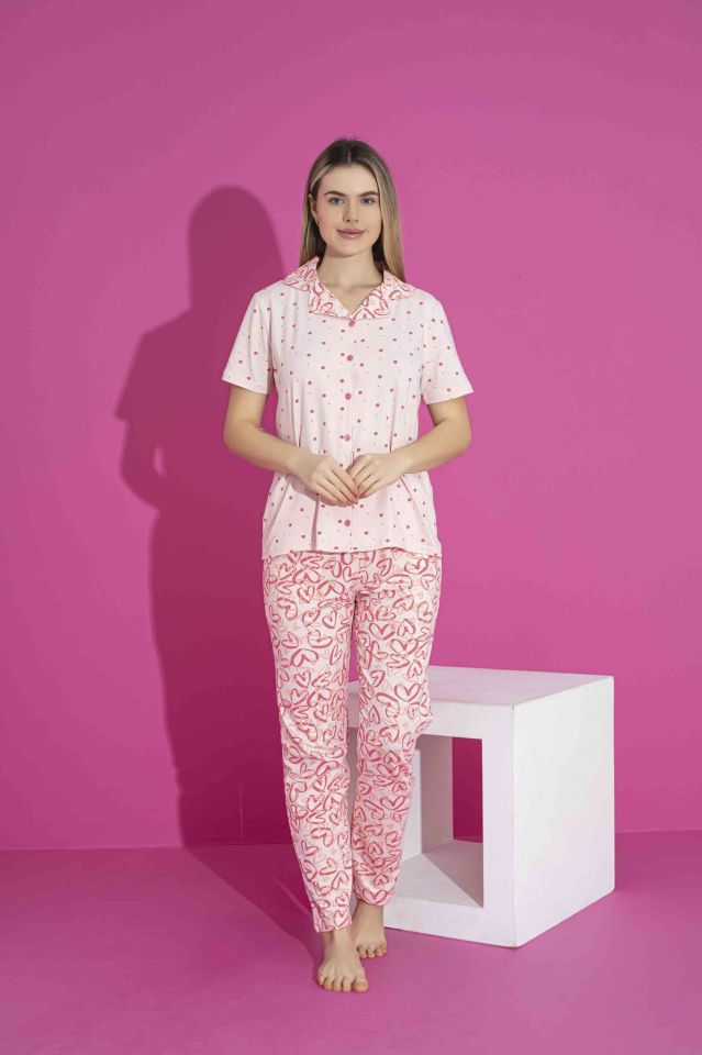 Kadın Likralı Penye(ANNE KIZ KOMBİNİ YAPABİLİRSİNİZ) Düğmeli Yazlık Pijama Takımı 3028