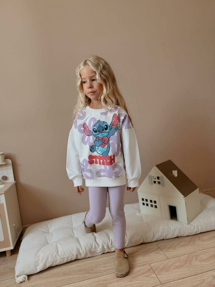 Kız Çocuk Stitch Baskılı Sweatshirt ve Pantolon 2’li Takım - Lila 4039
