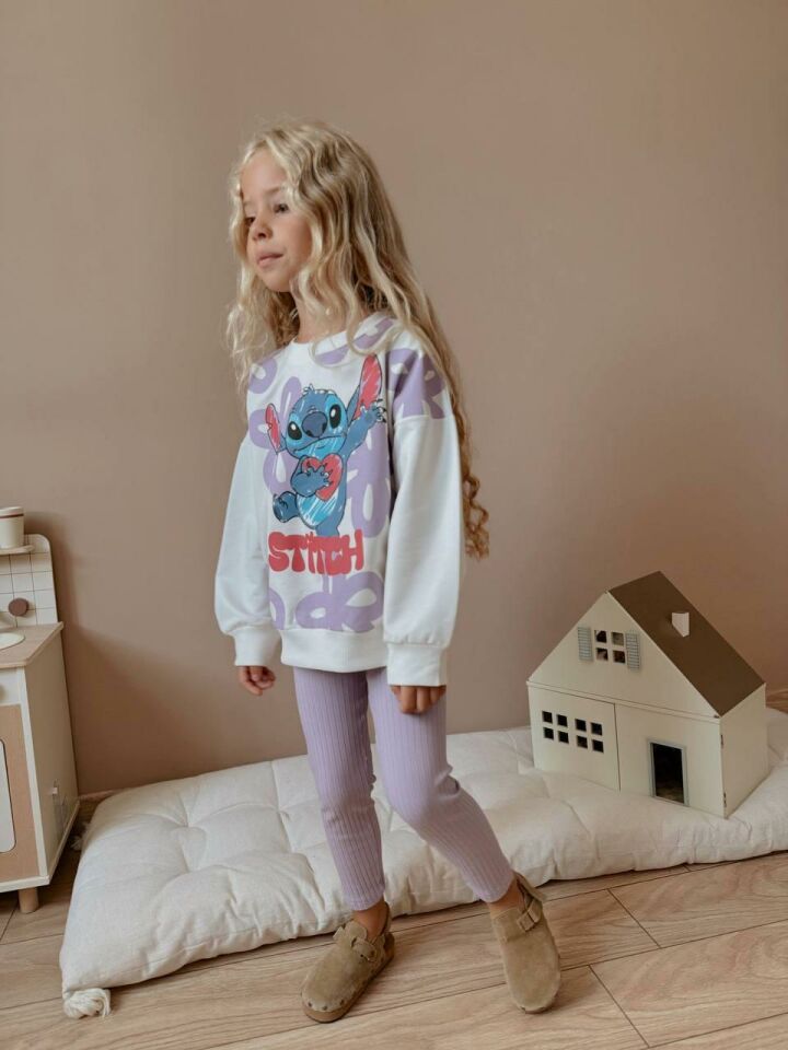 Kız Çocuk Stitch Baskılı Sweatshirt ve Pantolon 2’li Takım - Lila 4039