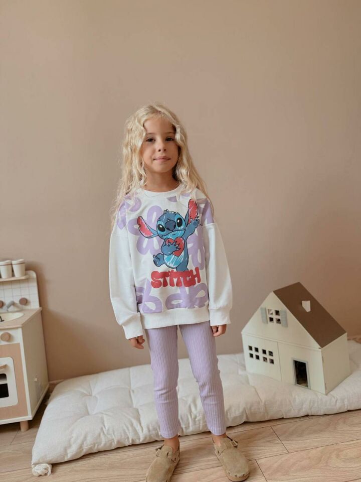 Kız Çocuk Stitch Baskılı Sweatshirt ve Pantolon 2’li Takım - Lila 4039