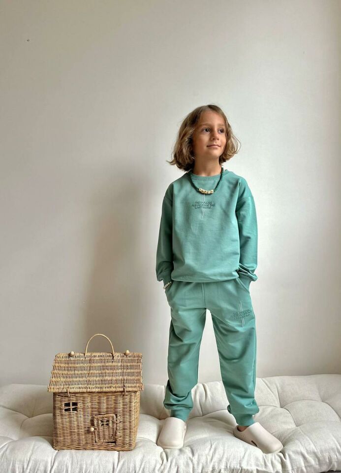 Çocuk Mint Yeşili Sweatshirt ve Eşofman Takımı Alt Üst Takım 9051Y
