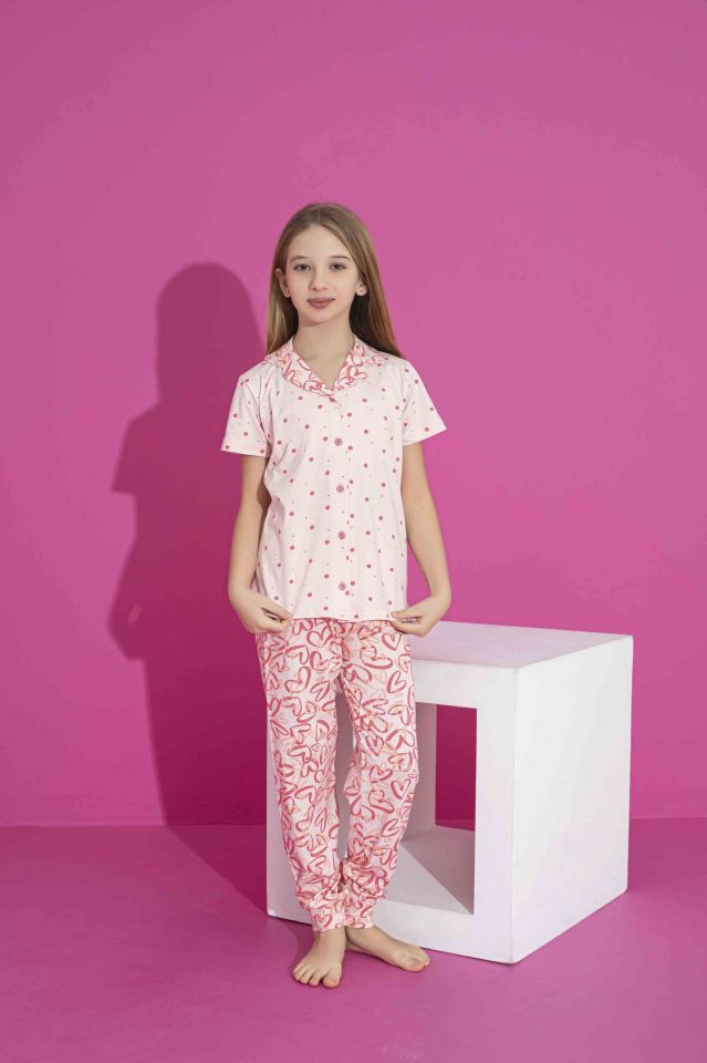Kız Çocuk Yazlık Likralı (ANNE KIZ KOMBİNİ YAPABİLİRSİNİZ)  Penye Düğmeli Pijama Takımı 3027