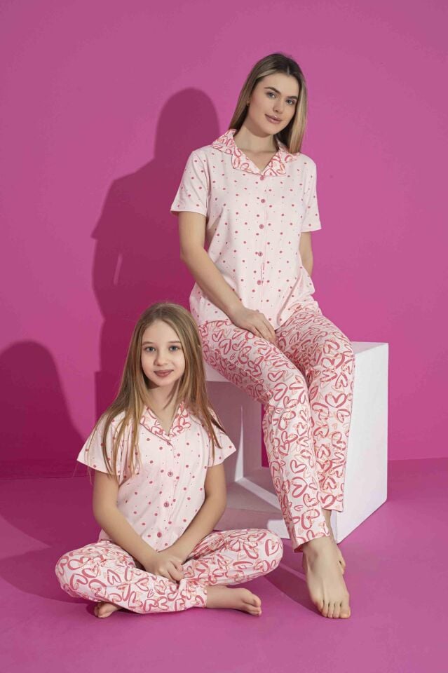 Kız Çocuk Yazlık Likralı (ANNE KIZ KOMBİNİ YAPABİLİRSİNİZ)  Penye Düğmeli Pijama Takımı 3027