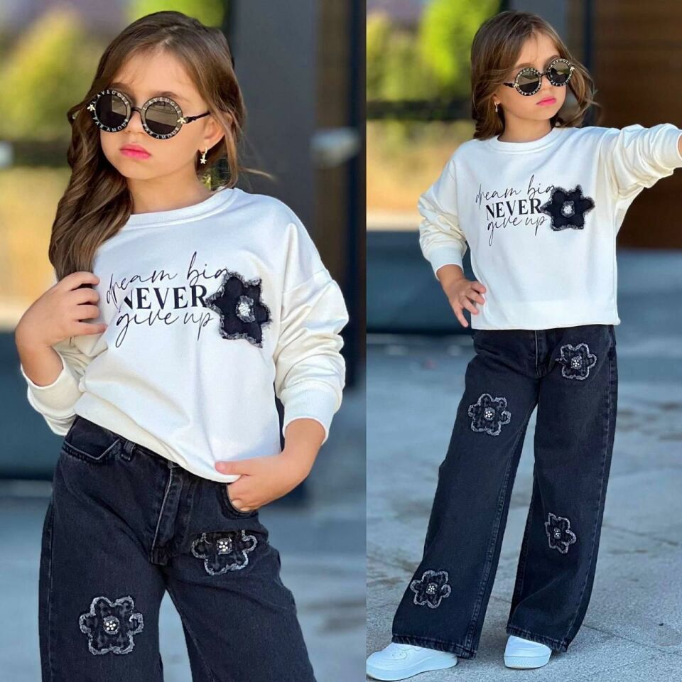 Kız Çocuk (AYARLANABİLİR BEL) Sweat & Çiçek Nakışlı  Kot Pantolon Takım 2610E