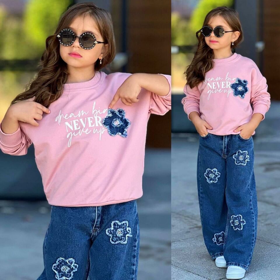 Kız Çocuk (AYARLANABİLİR BEL) Sweat & Çiçek Nakışlı  Kot Pantolon Takım 2610P
