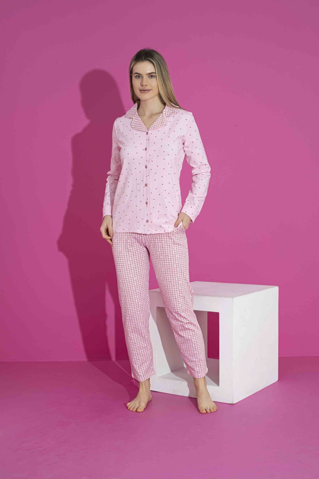 Kadın Likralı Penye(ANNE KIZ KOMBİNİ YAPABİLİRSİNİZ) Düğmeli Yazlık Pijama Takımı 3030