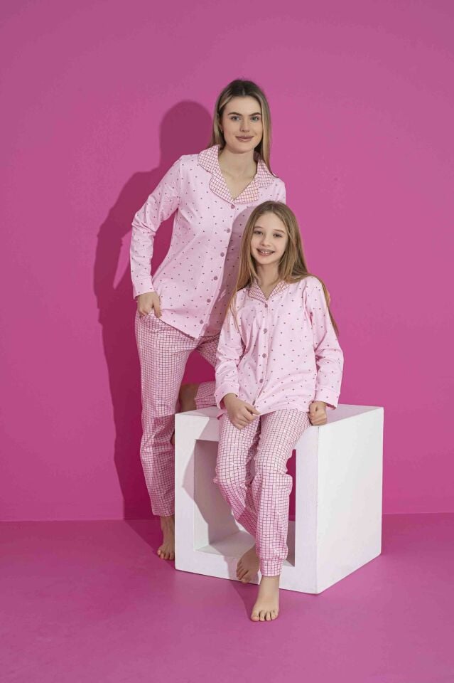 Kadın Likralı Penye(ANNE KIZ KOMBİNİ YAPABİLİRSİNİZ) Düğmeli Yazlık Pijama Takımı 3030