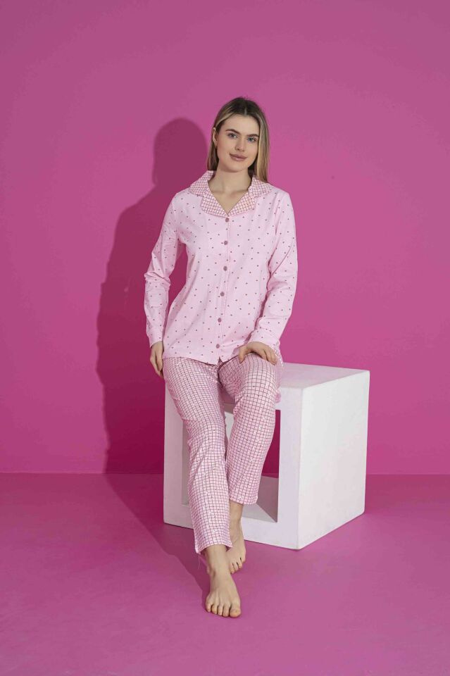 Kadın Likralı Penye(ANNE KIZ KOMBİNİ YAPABİLİRSİNİZ) Düğmeli Yazlık Pijama Takımı 3030