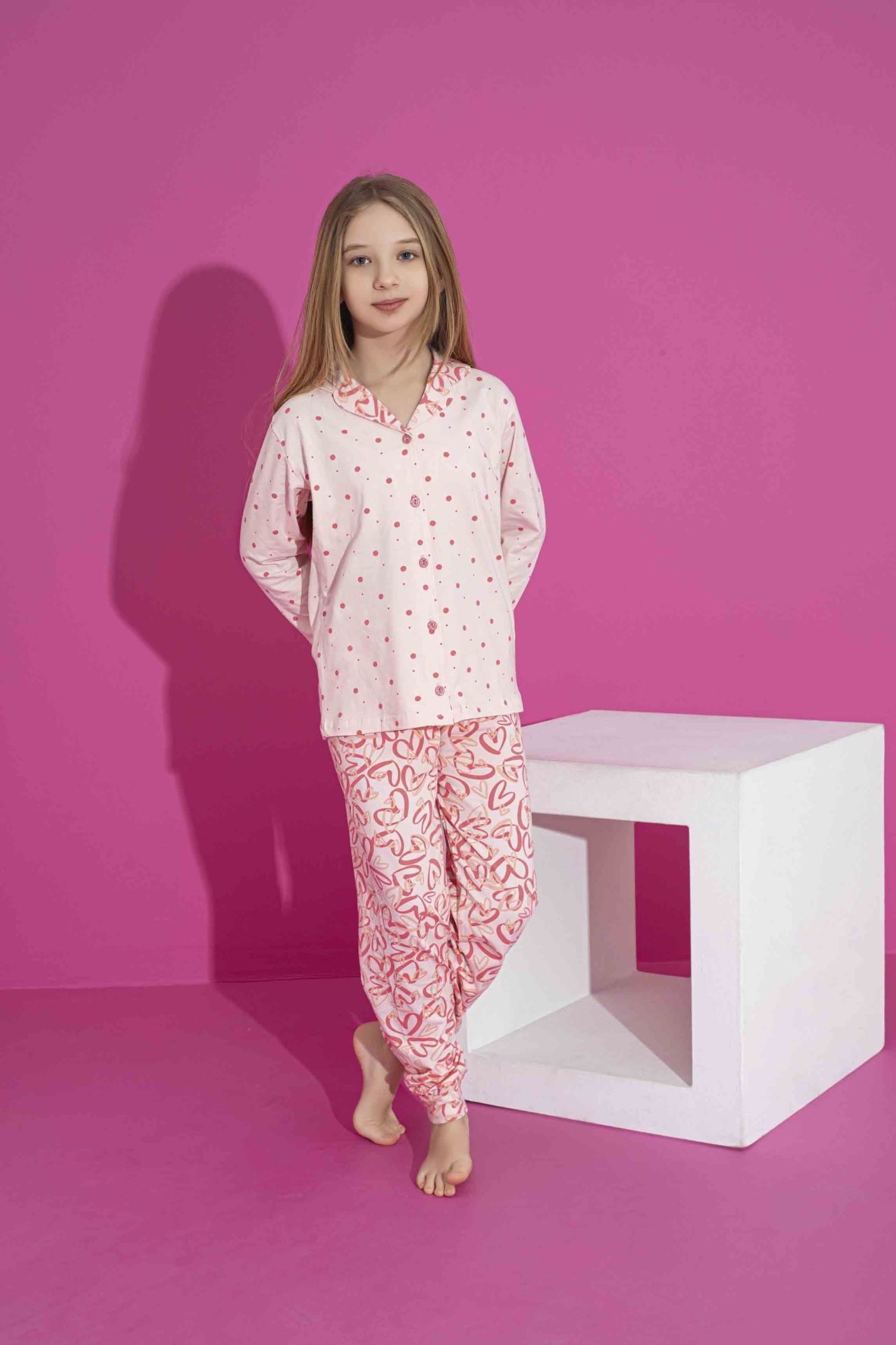 Kız Çocuk Yazlık Likralı (ANNE KIZ KOMBİNİ YAPABİLİRSİNİZ)  Penye Düğmeli Pijama Takımı 3025