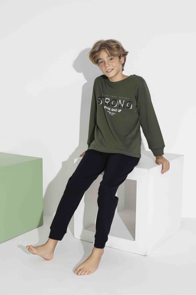 Erkek Çocuk Haki Baskılı Pamuklu Uzun Kollu Pijama Takımı 7416H