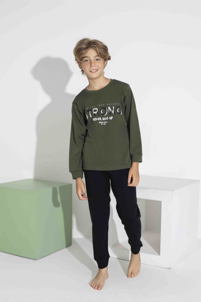 Erkek Çocuk Haki Baskılı Pamuklu Uzun Kollu Pijama Takımı 7416H