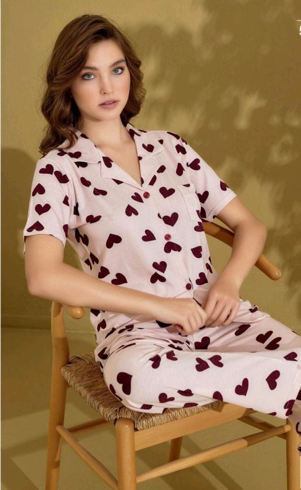 Kadın Kısa Kol Düğmeli  Pijama  Beden Alt Üst Uzun Takım 52031