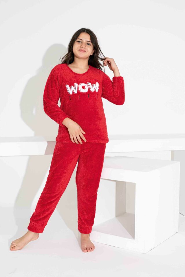 Kız Çocuk Sıcak Tutan Polar Pijama Takımı Kırmızı 2829KO