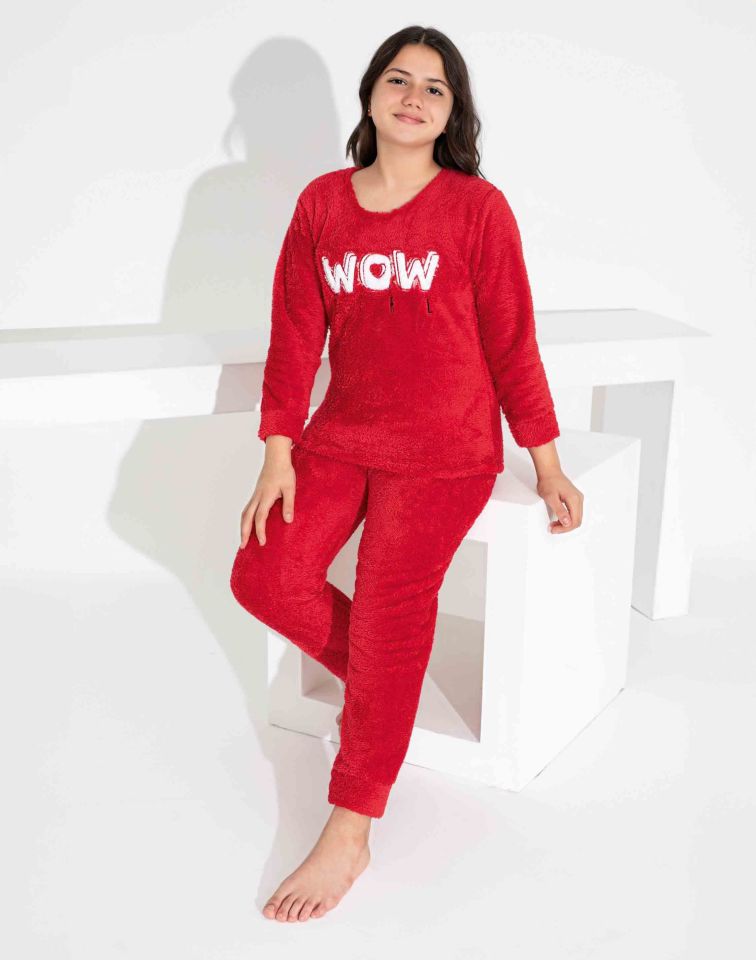 Kız Çocuk Sıcak Tutan Polar Pijama Takımı Kırmızı 2829KO