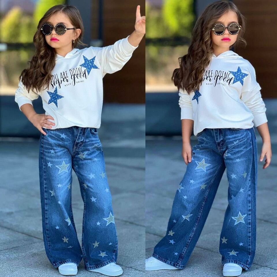 Kız Çocuk (AYARLANABİLİR BEL) Yıldız Baskılı Sweatshirt ve Geniş Paça Jean Takım 2612E