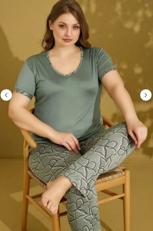 Seamlife Kadın %100 Pamuklu Viskon Kumaş  Yeşili V Yaka Kısa Kollu Battal Pijama Takımı 9506