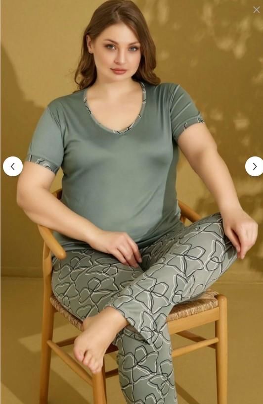Seamlife Kadın %100 Pamuklu Viskon Kumaş  Yeşili V Yaka Kısa Kollu Battal Pijama Takımı 9506