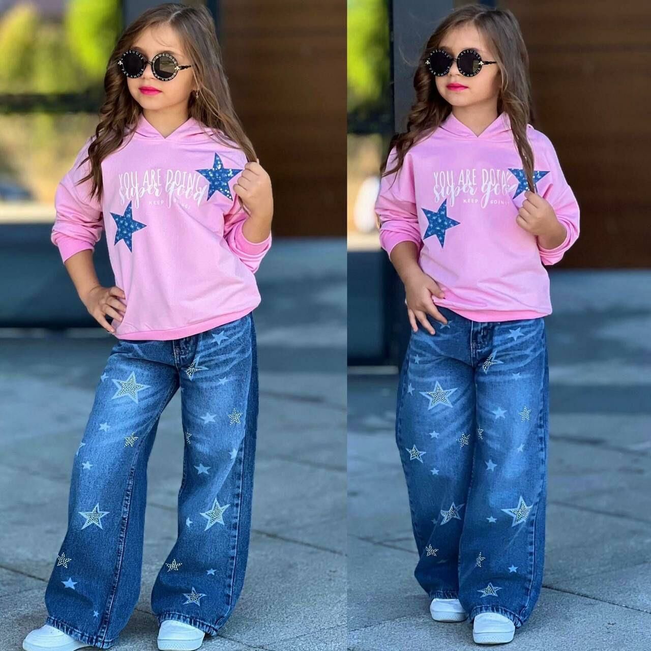 Kız Çocuk  (AYARLANABİLİR BEL) Yıldız Baskılı Sweatshirt ve Geniş Paça Jean Takım 2612P