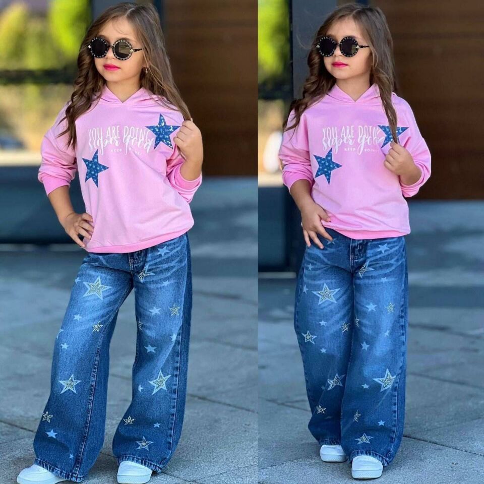 Kız Çocuk  (AYARLANABİLİR BEL) Yıldız Baskılı Sweatshirt ve Geniş Paça Jean Takım 2612P
